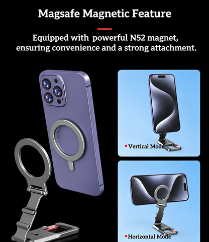 Premium Metal Double-Sided Magnetic Phone Stand, MagSafe Compatible for iPhone 12/13/14/15/16/17 Pro Max, Foldable Adjustable Phone Mount with Portable Carabiner