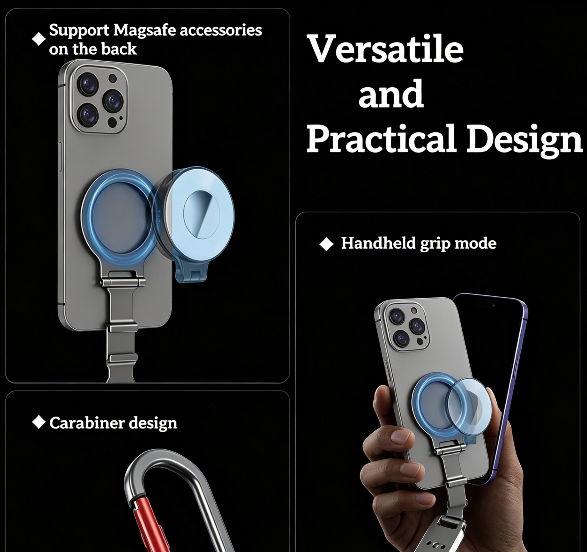 Premium Metal Double-Sided Magnetic Phone Stand, MagSafe Compatible for iPhone 12/13/14/15/16/17 Pro Max, Foldable Adjustable Phone Mount with Portable Carabiner